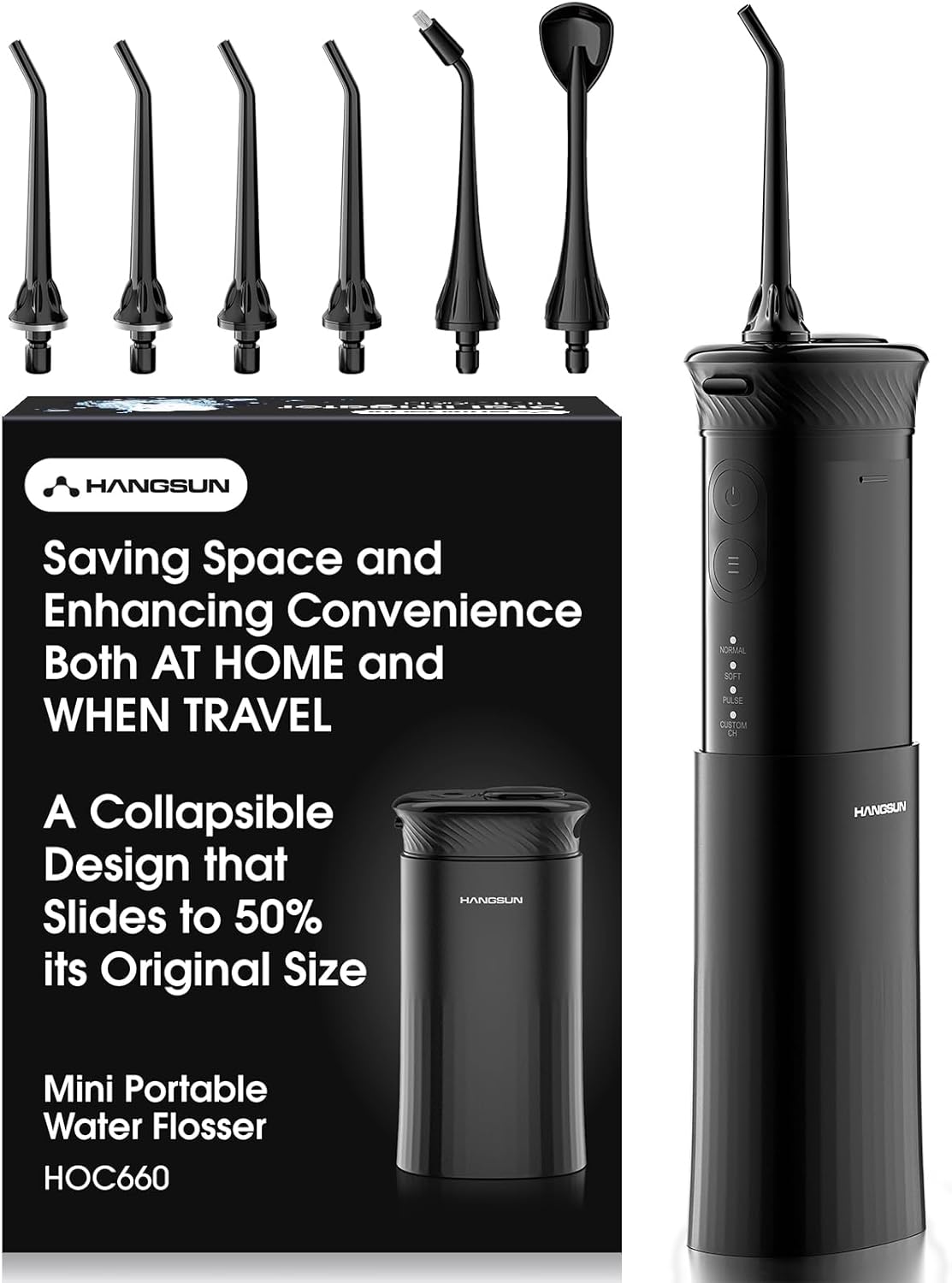 Hangsun Water Flosser Cordless Travel, Portable Dental Flossers for Teeth, Mini Electric Oral Irrigator HOC660, IPX7 Waterproof, Telescopic Tank & 6 Jet Tips, Home and Travel use