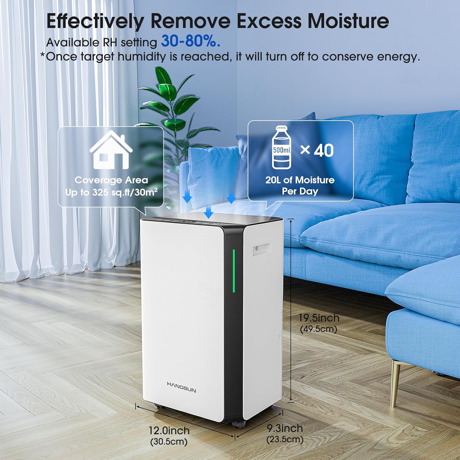 Hangsun 20L/Day Dehumidifiers for Home Dehumidifier for Drying Clothes and Damp with Digital Humidity Display, Continuous Drainage, 24 Hour Timer, Ideal for Laundry Room, Basement, Bedroom, Bathroom